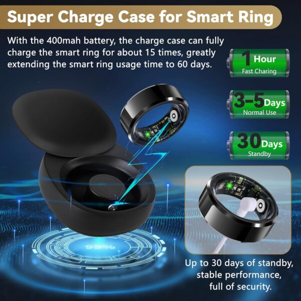 Smart Rings Health Ring Blood Oxygen Blood Pressure HR Heart Rate Monitor Fitness Tracker Sleep Step Counter Waterproof Compatible with ios Android Phones with Charging Case (Black, #9-S-2.34in) - Image 6