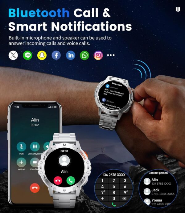 FOXBOX Smart Watch for Men,1.43’’AMOLED Military Smartwatch with Flashlight Answer/Make Calls,Blood Pressure Calorie Sleep Heart Rate Monitor, 110+ Sports Modes Smartwatches Android iOS Silvery - Image 3