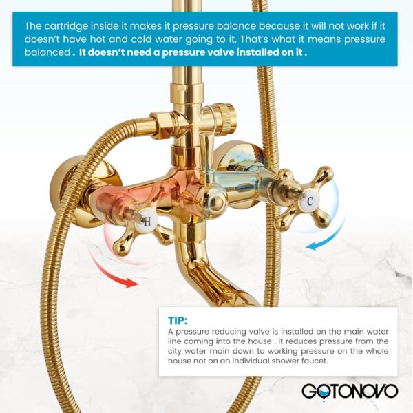 gotonovo Bathroom Exposed Shower Faucet 8 Inch Rainfall Shower Head Set with Tub Spout and Handheld Spray Double Cross Handles Wall Mount Straight Bar without Shower Shelf Polished Gold - Image 3