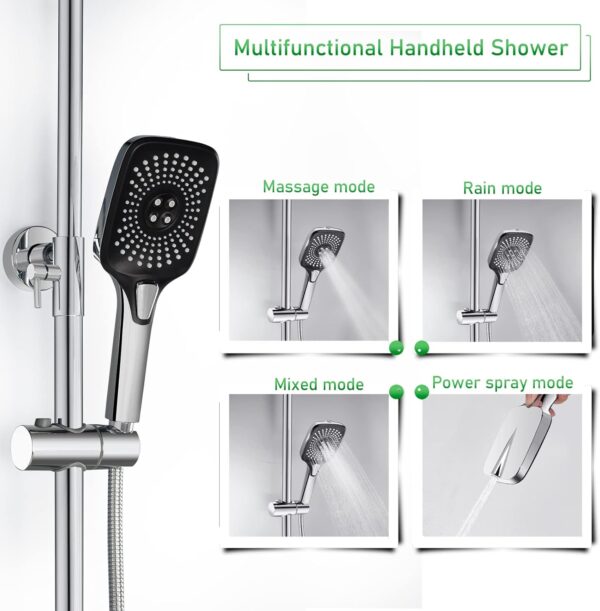 SHANFO Thermostatic Exposed Shower System - Rectangle Overhead Shower, Hand Shower and Bath Filler Combo - Chrome - Image 5