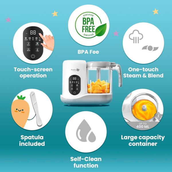 BooBoo PuréePro® Baby Food Maker, Multifunctional Food Processor Chopper, Puree Blender And Steamer, x4 Cooking Presets, Auto Cooking, Grinding Function & Self Cleaning Operation - Image 5