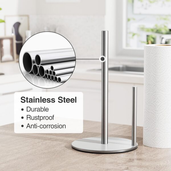 Paper Towel Holder Chrome Kitchen Roll Holder, Premium Stainless Steel Paper Towel Holder For Kitchen Roll Organize, One-Handed Operation Countertop Roll Dispenser With Weighted Base - Image 4