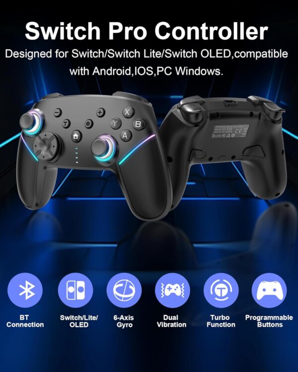 Wireless Switch Controller,Switch Pro Controllers for Nintendo Switch/Lite/OLED/PC,Bluetooth PC Gaming Controller with 9-Color RGB LEDs, 950mAh Battery, Programmable Buttons,Gyro Axis,Turbo, White - Image 3