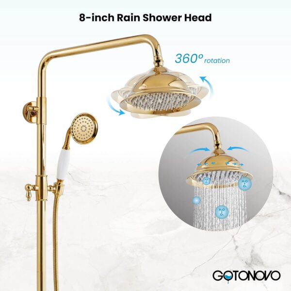gotonovo Bathroom Exposed Shower Faucet 8 Inch Rainfall Shower Head Set with Tub Spout and Handheld Spray Double Cross Handles Wall Mount Straight Bar without Shower Shelf Polished Gold - Image 9