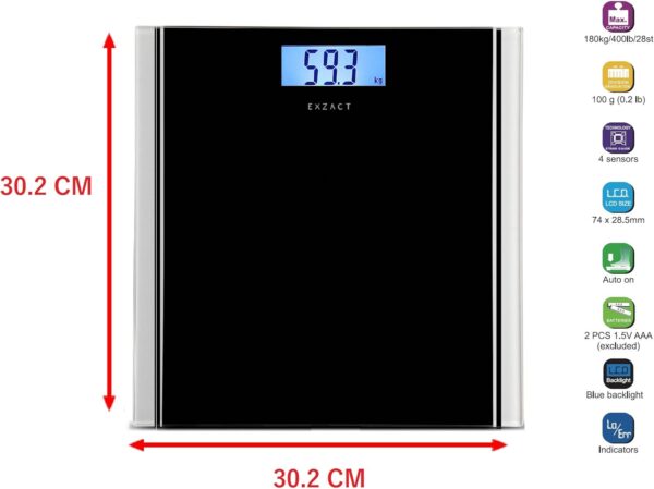 EXZACT Bathroom Scale Digital, Electronic Body Scale - Max.150kg - Switch between kgs/stones/lbs - High Precision, Backlight LCD Display (Black) - Image 8