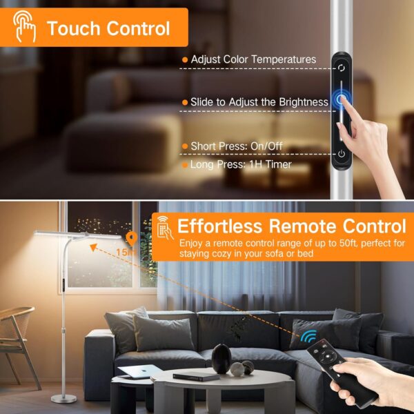 OUTON LED Floor Lamp with Double Head, 18W 1800LM, Super Wide & Bright, Height Adjustable, Remote & Touch Control, Memory Function, Dimmable Standing Lamp for Reading, Working, Sewing, Silver Grey - Image 7