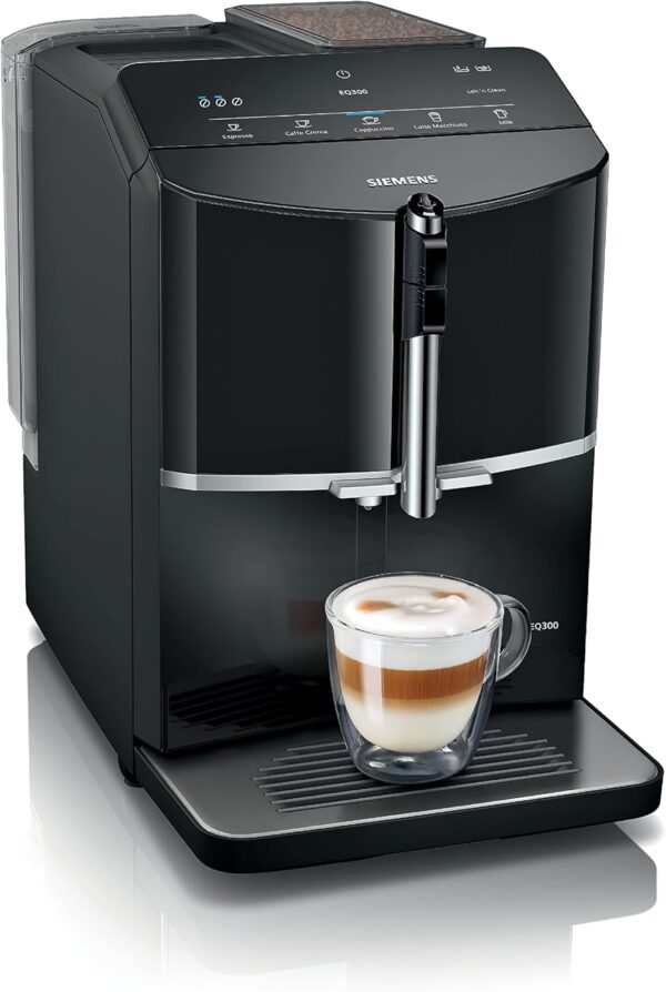 SIEMENS EQ300 Fully Automatic Bean to Cup Espresso Coffee Machine with milk frother arm, oneTouch Function, 4 coffee beverages, 3 coffee strengths, TF301G19, Piano Black - Image 2