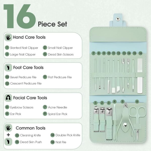 16-in-1 Stainless Steel Nail Clippers Kit, Pedicure Grooming Set, Full Function Nail Care Tools, Manicure Set with Leather Case (Green) - Image 3