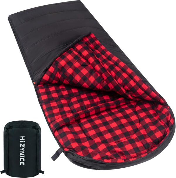 HiZYNICE 0 Degree Sleeping Bag 100% Cotton Flannel for Adults Camping Big and Tall Man Extra Large Wide XXL Oversized Cold Weather Winter,Free Compression Sack - Image 2