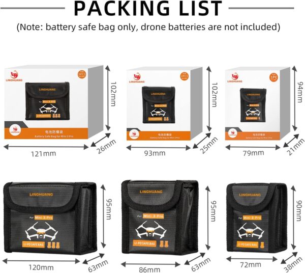 LINGHUANG Mini 3 Pro Lipo Battery Safe Bag,Fireproof Safety Charging Storage Bag for DJI Mini 4 Pro,Mini 3 Pro,Mini 3 Drone Explosion-Proof Battery Bag(for 3 Batteries,1Pcs) - Image 9
