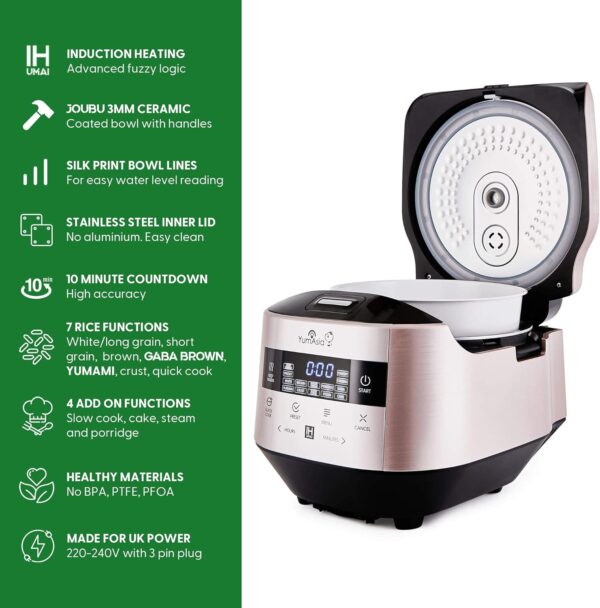 Yum Asia Bamboo Rice Cooker with Induction Heating (IH) and Ceramic Bowl, 7 Rice Cooking Functions, 4 Multicooker Functions, Motouch LED Display (1.5L) 220-240V UK/EU Power (Champagne Rose and Black) - Image 4