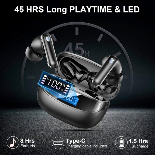 Earbuds Wireless Bluetooth Headphone, Bluetooth 5.4 Earbuds Noise Cancelling, 4 Mic, 45H Deep Bass Stereo Sound Earphone Wireless Headphone in ear, Dual LED Power Display, Type C Fast Charge Ear Buds - Image 6
