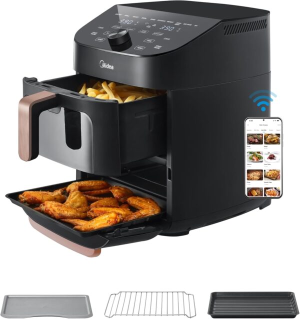 Midea Vertical Dual Zone Air Fryer Oven, 11L, 2 Drawers, Visible Window, Max Crisp, Oil Free & Low Fat, 10-in-1 Functions, Smart Sync Finish, Works with Alexa, Wi-Fi, App Recipes, 2400W - Image 8