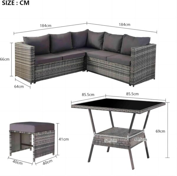 Rattan Garden Furniture Set - 5 Piece Outdoor Corner Sofa Patio Set with Glass Coffee Table and Stools for 7 People - Stylish and Comfortable Outdoor Seating - Image 3