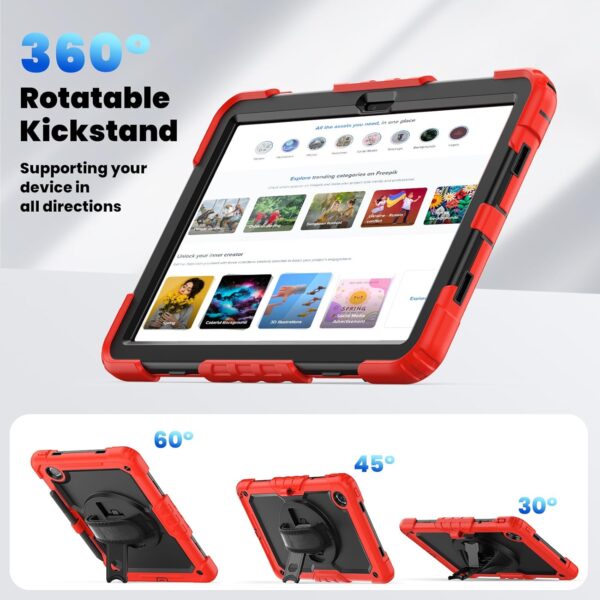 Case for Samsung Galaxy Tab A9 8.7 Inch 2023 Model (SM-X110/X115/X117) with Built-in Screen Protector 360 Rotating Hand Strap/Shoulder Strap Heavy Duty Shockproof Full Body Hybrid Cover Red - Image 8