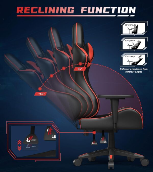 Racingreat Professional Gaming Chair, PU Leather Office Chair, Economic Gaming Chair, 2D Armrests, Gaming Chair with Lumbar Support and Headrest for Home Office Gamer, Black / Red - Image 5