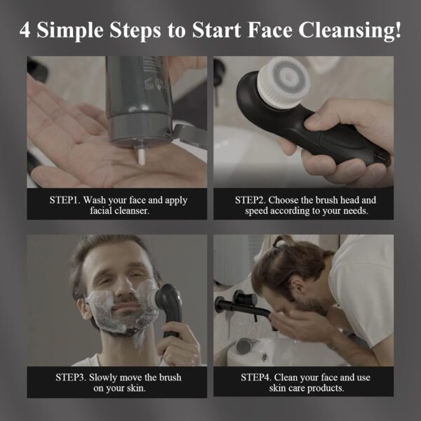 TOUCHBeauty Facial Cleansing Brush for Men, Face Cleansing Brush Electric with Stand, 3 Brush Heads, 2 Speeds, IPX5 Waterproof, Battery-Powered, Suitable for All Skin Types, AG-0759M - Image 8