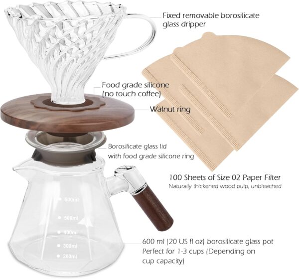 Lalord Pour Over Coffee Maker, 600 ml Borosilicate Glass Set with 100 pcs Size 02 Paper Filter, Walnut Collar & Glass Lid, Drip Coffee Maker, 1-3 Cups, Clear - Image 4