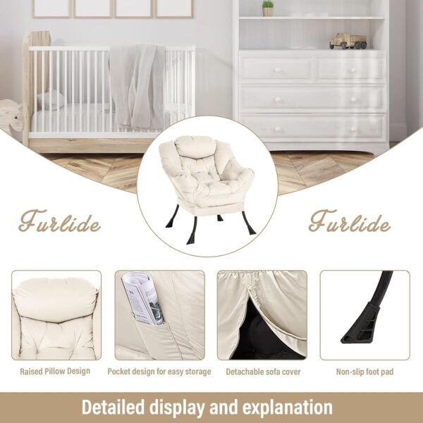 Furlide Lazy Chair with Ottoman, Modern Chair with Folding Footrest Stool Set, Accent Contemporary Lounge Chair, Oversized Armchairs for Bedroom, Study, Living Room, Garden, Courtyard (Beige) - Image 5