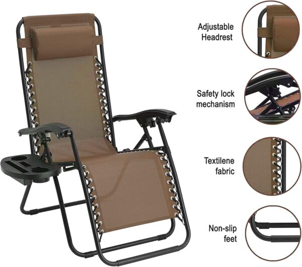 Sedol Zero Gravity Chairs Set of 2 - Heavy Duty Textoline Outdoor Gravity Chair - Reclining & Folding Garden Chairs with Cup Holder and Headrest - Sun Loungers for Garden, Decking, and Patio (Brown) - Image 6