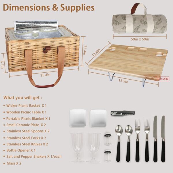 Hap Tim Wicker Picnic Basket for 2 with Mini Folding Wine Picnic Table & Large Insulated Cooler Bag & Cutlery Service Kits for 2 Person, Couples Gifts, Wedding Gifts (Y2307-2-CM) - Image 7