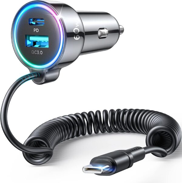 USB C Car Charger, 60W Super Fast Car Charger PD&QC3.0 &PPS Fast Charging with 5ft Type C Coiled Cable, 3 Fast Port Cigarette Lighter Usb Charger for iPhone 16/15/ Samsung S24/iPad Pro All Phones - Image 2