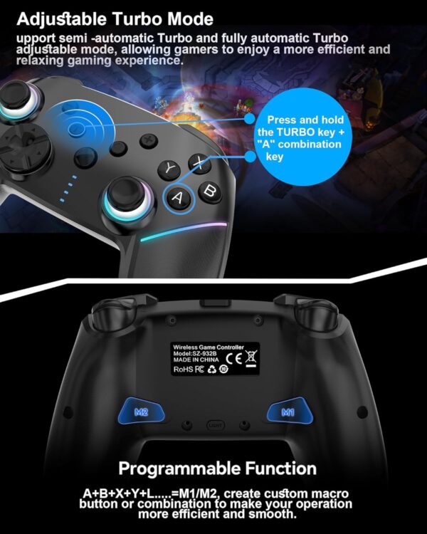 Wireless Switch Controller,Switch Pro Controllers for Nintendo Switch/Lite/OLED/PC,Bluetooth PC Gaming Controller with 9-Color RGB LEDs, 950mAh Battery, Programmable Buttons,Gyro Axis,Turbo, White - Image 6
