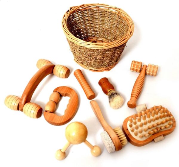 Playlearn 8pcs Birch Wood Therapy Massage Tools Set for Body Stress Relief-Wooden Massage Tool Set Rollers Shapes Brushing Presented in Willow Basket for Back Neck Shoulder Arms Legss - Image 2