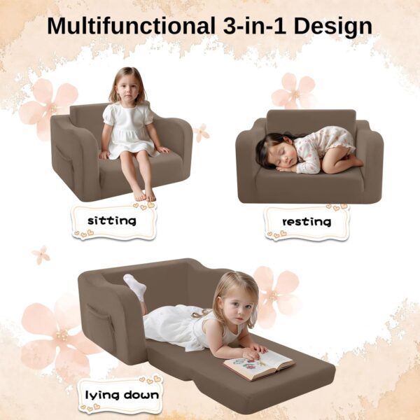 MeMoreCool Kids Couch, Folding Kids Sofa Bed, Flip Out Toddler Armchair Sofa, Baby Lounger Chair to Convertible Couch for Boys Girls, Comfy Foam Child Chair Pull Out Couch for Playroom, Brown - Image 5