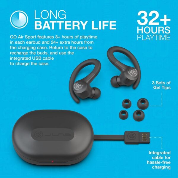JLab Go Air Sport Running Headphones - True Wireless Earphones Bluetooth, Hook Over Ear Earbuds for Sports & Gym, 32+ H Playtime In Ear Buds, IP55 Sweat-Resistant, EQ3 Sound, Graphite - Image 7