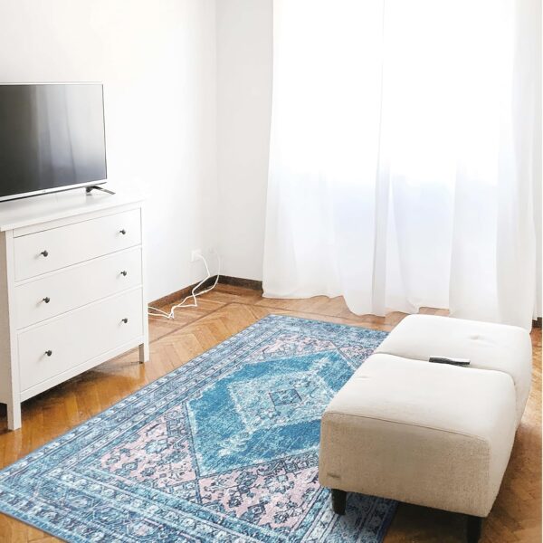 Terafeels Washable Blue Rugs Living Room - Traditional Rug for Bedroom Anti Slip Classic Carpets for Living Room Vintage Area Short Pile Rugs 80x150CM Teal 12311080 - Image 7