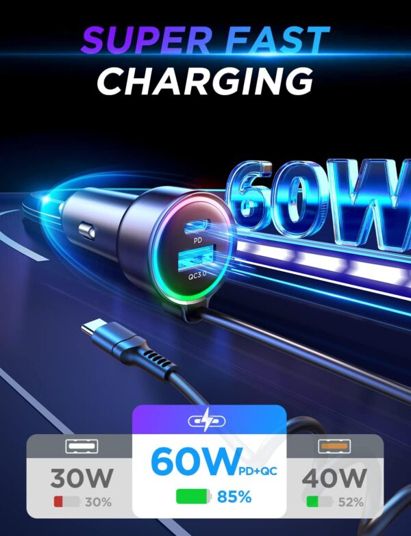 USB C Car Charger, 60W Super Fast Car Charger PD&QC3.0 &PPS Fast Charging with 5ft Type C Coiled Cable, 3 Fast Port Cigarette Lighter Usb Charger for iPhone 16/15/ Samsung S24/iPad Pro All Phones - Image 3