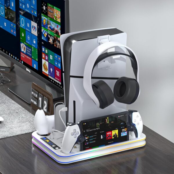 PS5 Slim Cooling Station with RGB LED Controller Charger, PS5 Accessories - White - Image 5