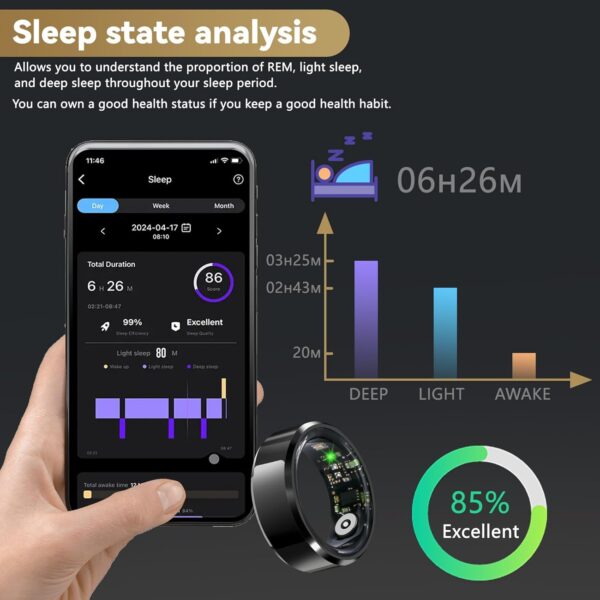 Smart Rings Health Ring Blood Oxygen Blood Pressure HR Heart Rate Monitor Fitness Tracker Sleep Step Counter Waterproof Compatible with ios Android Phones with Charging Case (Black, #9-S-2.34in) - Image 4