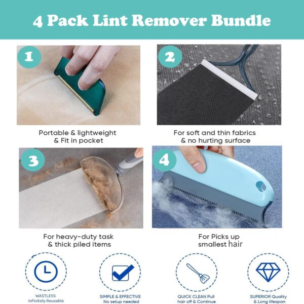 JUNHCZOY 4 Pieces Lint Remover Carpet, Portable Pet Hair Remover for Carpet Scraper Reusable Lint Brush for Cleaning Pet Hair On Sofas,Beds,Blankets,Clothes - Image 7