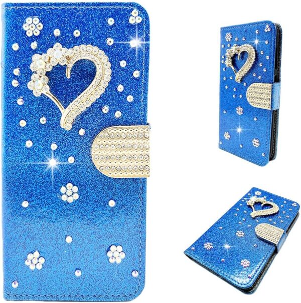 Bling Bling Wallet Case for MOTO G 5G 2024 Pocket Case Blue Glitter 3D Diamond Heart Bling Glitter Pattern PU Leather Folio Shiny Flip Case Kickstand Sparkle Magnetic Book Wallet for MOTO G 5G 2024 - Image 2