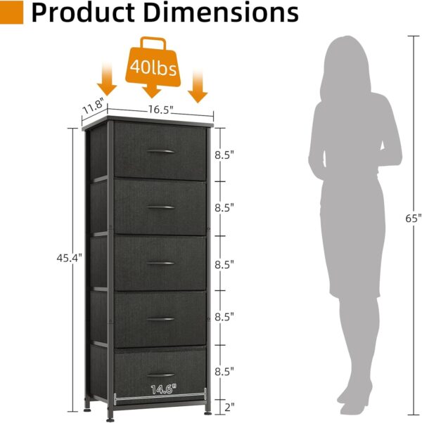 CAIYUN Chest of Drawers for Bedroom with 5 Drawers, Fabric Storage Drawer, Tall Black Hallway Storage Unit - Image 4