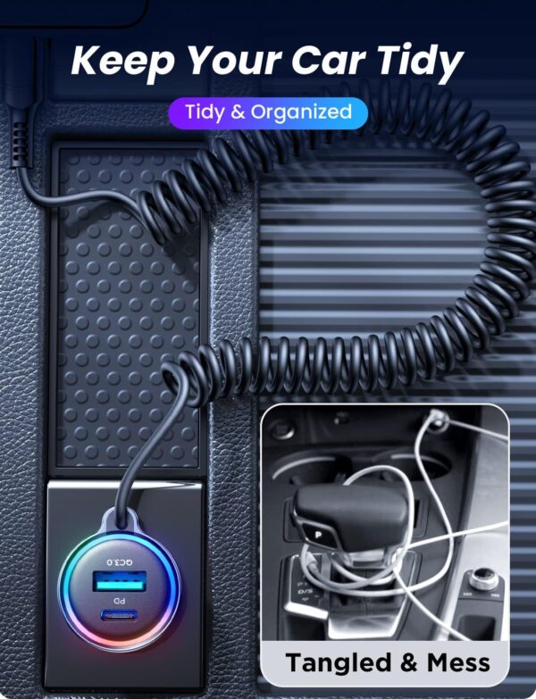 USB C Car Charger, 60W Super Fast Car Charger PD&QC3.0 &PPS Fast Charging with 5ft Type C Coiled Cable, 3 Fast Port Cigarette Lighter Usb Charger for iPhone 16/15/ Samsung S24/iPad Pro All Phones - Image 6