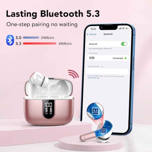 Ear Buds Wireless Earbuds, 50Hrs Playtime Bluetooth Earphones, Bluetooth Headphones 5.3, In Ear with 4 ENC Call Noise Cancelling Mics, Bass Boost 85%, Mini Earbuds IPX7 Waterproof, USB-C(Rose) - Image 6