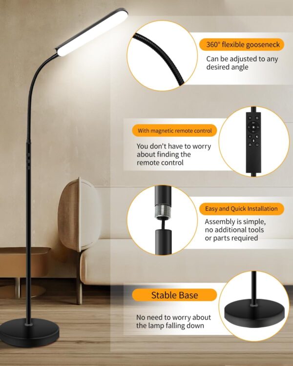 LED Floor Lamp 18W 1800LM, Dimmable Adjustable Standard Lights for Living Room, Remote Control Portable Standing Modern Lamp with 4 Color Temperature, 1 Hour Timer for Reading Bedroom Office - Image 6