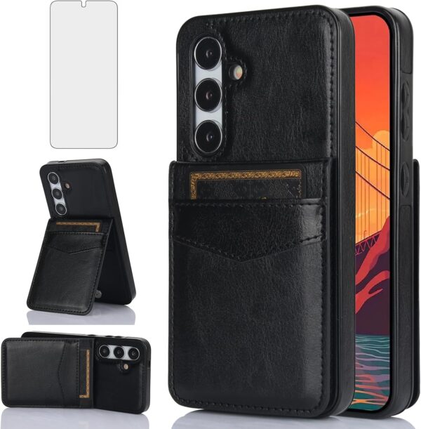 Phone Case for Samsung Galaxy S24 Plus S24+ 5G with Tempered Glass Screen Protector Credit Card Holder Wallet Cover Stand Leather Cell Accessories S24plus 24S + S 24 24+ 2024, 6.7 inch Women Men Black - Image 2