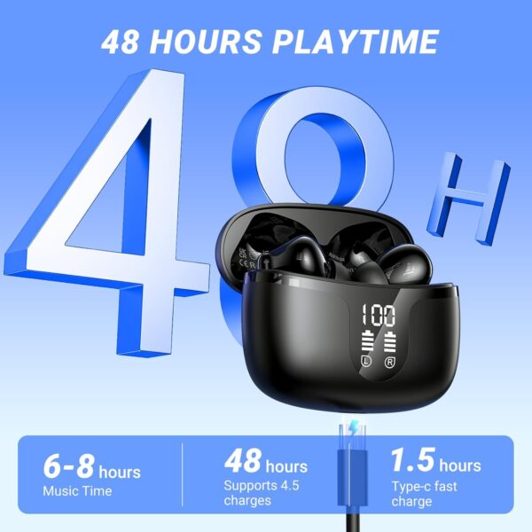 Wireless Earbuds Bluetooth 5.3 Headphones in Ear with 4 ENC Noise Cancelling Mic 2025 New Ear buds 42h Playtime HiFi Stereo Deep Bass Earphones LED Display Bluetooth Earbuds IP6 Waterproof USB-C Black - Image 5