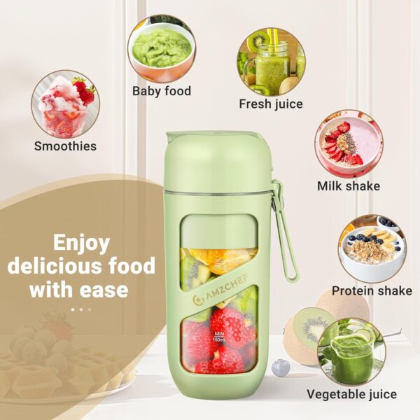 AMZCHEF Portable Blender Smoothie Maker, Vacuum Mini Blenders for Smoothies, 380ml Tritan Portable Smoothie Blender Bottle for Travel, Gym Kitchen Office, 10 Blades USB Rechargeable - Image 9