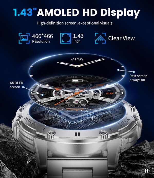 FOXBOX Smart Watch for Men,1.43’’AMOLED Military Smartwatch with Flashlight Answer/Make Calls,Blood Pressure Calorie Sleep Heart Rate Monitor, 110+ Sports Modes Smartwatches Android iOS Silvery - Image 4
