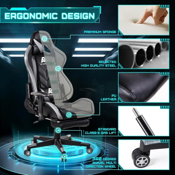 AA Products Gaming Chair High Back Ergonomic Computer Racing Chair Adjustable Office Chair with Footrest, Lumbar Support Swivel Chair - Grey - Image 6