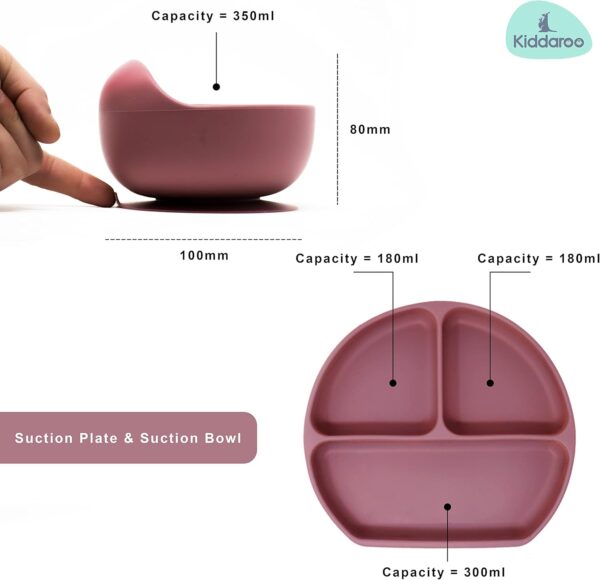 Kiddaroo Baby Weaning Set - Suction Bowl & Plate, Sippy Cup with Straw Lid, Spoon & Fork, Adjustable Bib - Food-Grade Silicone, Safe for Microwave, Oven, Freezer, Dishwasher - with BLW eBook - Pink - Image 5