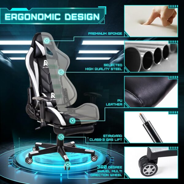 AA Products Gaming Chair High Back Ergonomic Computer Racing Chair Adjustable Office Chair with Footrest, Lumbar Support Swivel Chair - White - Image 6