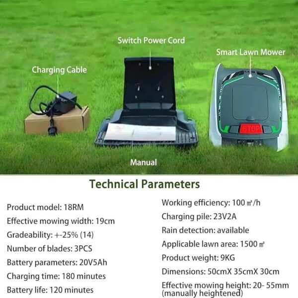 aromaoveite Robot Lawn Mower 1/4 Acre With Boundary Wire, 18v 4.4ah Gps Automatic Cordless Mower -Parallel Paths Mowing, 25% Slope+Bluetooth Wifi Control+Battery&Charger Included,Grey - Image 6
