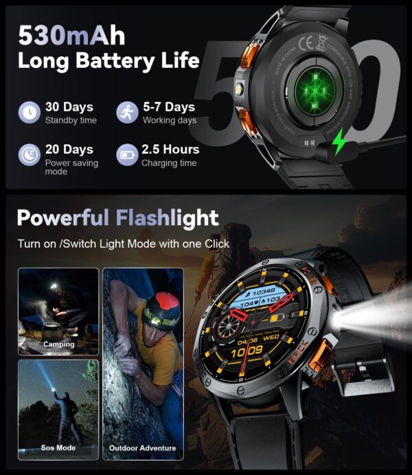 GPS Men Smart Watch with Compass LED Flashlight 1.43″AMOLED Smartwatch for Men Bluetooth Call for Android iOS 530 mAh Big Battery Male Smart Watch,Heart Rate Health Monitor,2 Watch Strap,Black - Image 6
