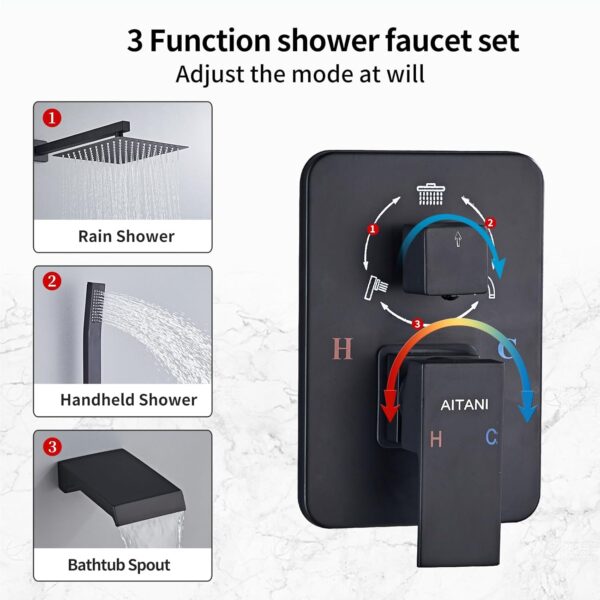 10 Inch Shower Faucet Set with High Pressure Bath Spout Matte Black Square Shower System Rain Shower Head 3 Functions Portable Waterfall Shower Rainfall Shower - Image 7